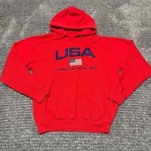 Pacific & Co Mens Hoodie Small Red USA American Flag Long Beach WA Pullover